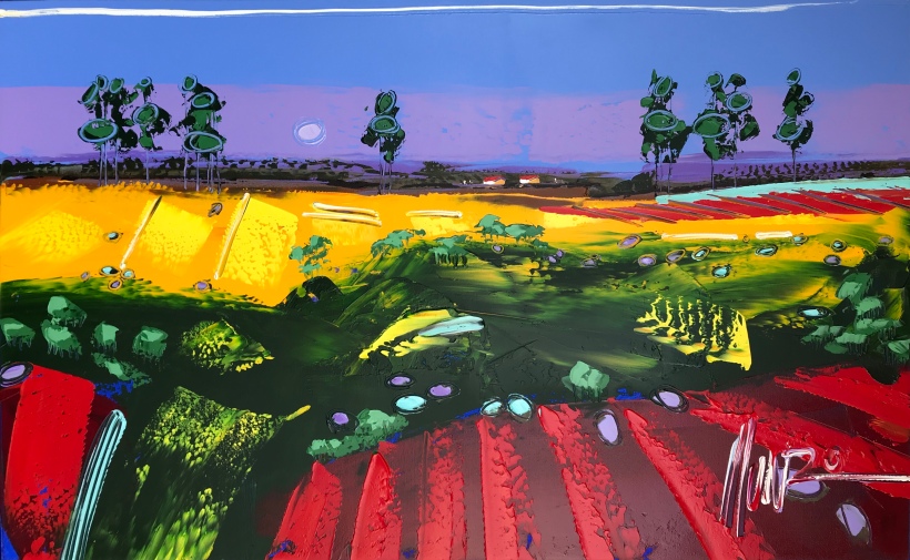 Landscape painting by famous South African artist Munro in red, deep red, green, teal, yellow, purple and blue. Bright, colourful painting using impasto acrylic paint applied with builders' trowels. Artist Munro.